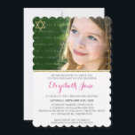 PHOTO BAT MITZVAH rand guld glitter rosa Inbjudningar<br><div class="desc">Obs! guld-effekten i glittery är en tryckt bildEtt trendig, som är mönstrat för ditt barns BAT MITZVAH INVITATIONER. Wow dina vänner och din familj med detta lilla nummer;D-format som mall är det enkelt att lägga till egna uppgifter, lägga till ditt foto eller slått anpassa knappen och du kan lägga till...</div>