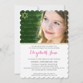 PHOTO BAT MITZVAH rand guld glitter rosa Inbjudningar