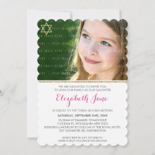 PHOTO BAT MITZVAH rand guld glitter rosa Inbjudningar