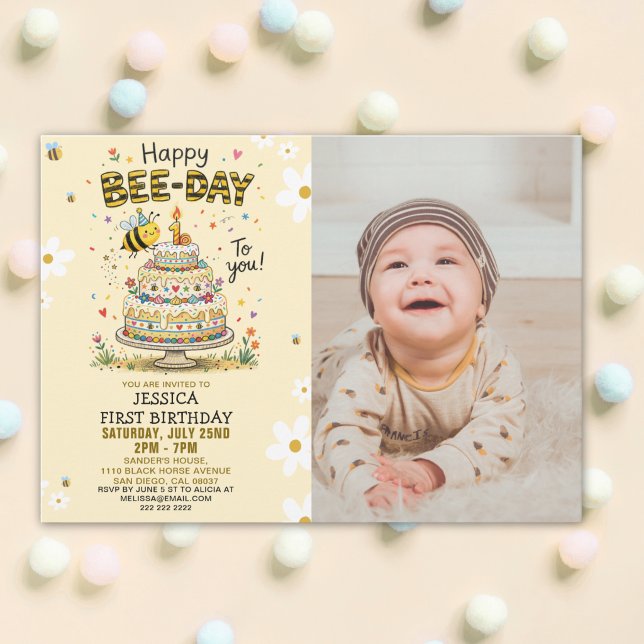 Photo Bee-Day 1st Birthday Invitation – Cute Bee Inbjudningar (Skapare uppladdad)
