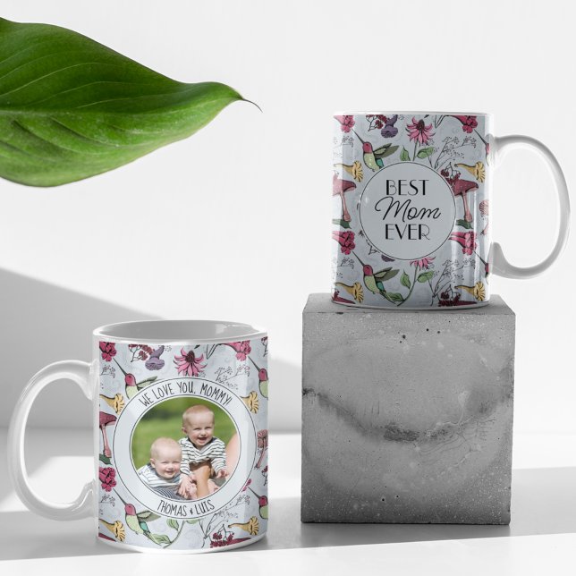 Photo Best Mamma någonsin Hummingbird & Exotic Flo Kaffemugg (Chic Blue Mug with Hand-Drawn Hummingbird, Flowers & Mushrooms. Custom Photo & 2 Personalized Texts.)
