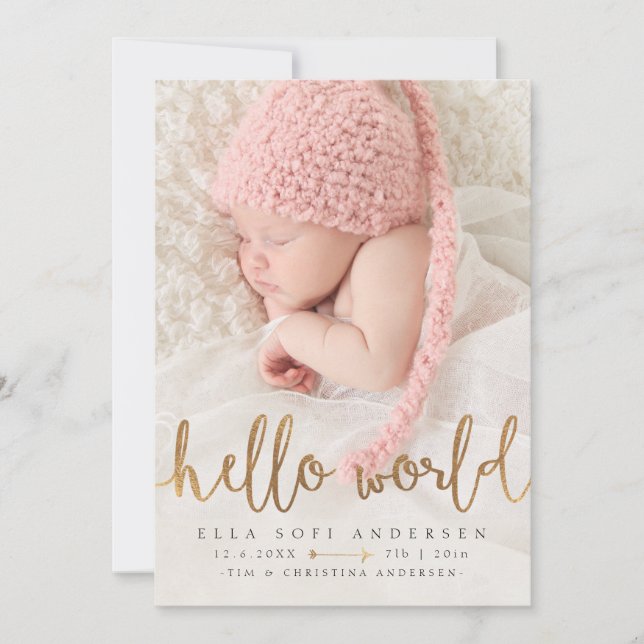 PHOTO BIRTH ANNOUNCEMENT | Girl Hej World Guld Meddelande (Framsida)