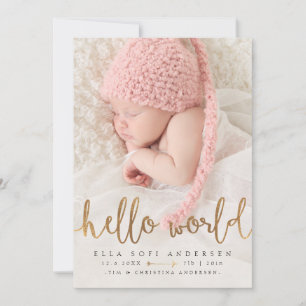 PHOTO BIRTH ANNOUNCEMENT Girl Hej World Guld Meddelande