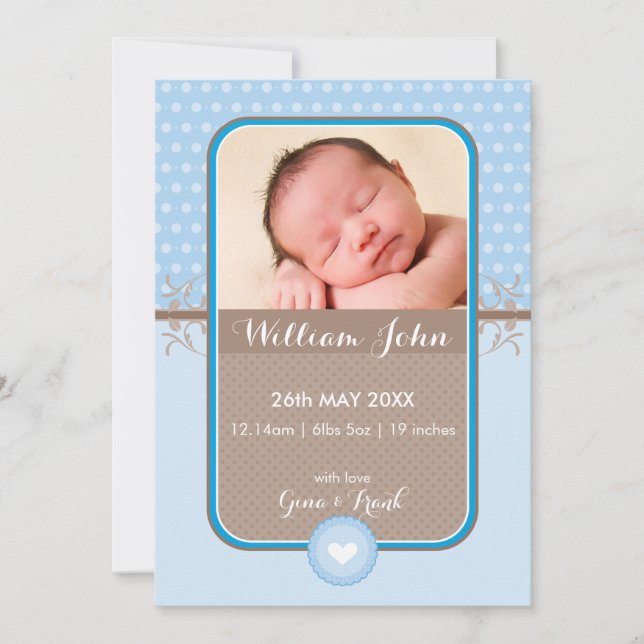 PHOTO BIRTH ANNOUNCEMENT gullpoka, punktblått Meddelande (Framsida)