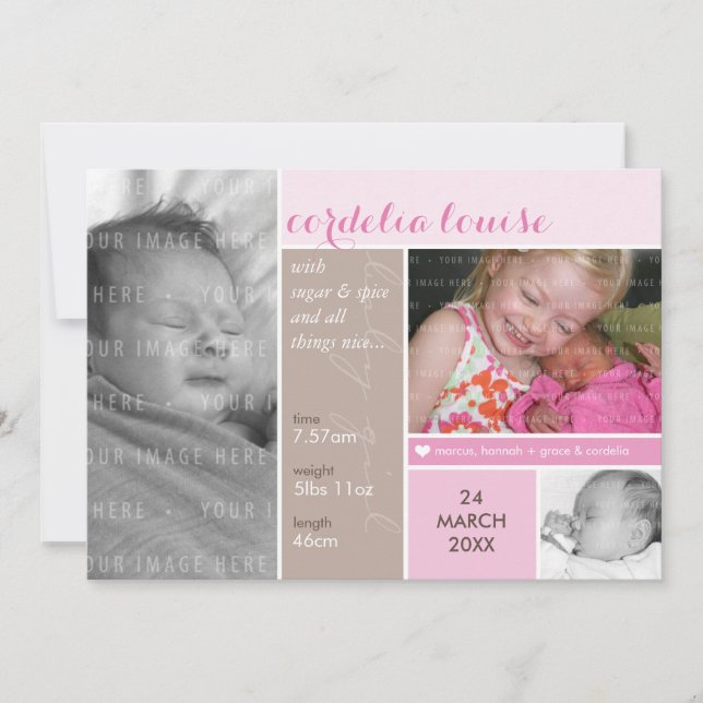 PHOTO BIRTH ANNOUNCEMENT mondrian girl rosa Meddelande (Framsida)