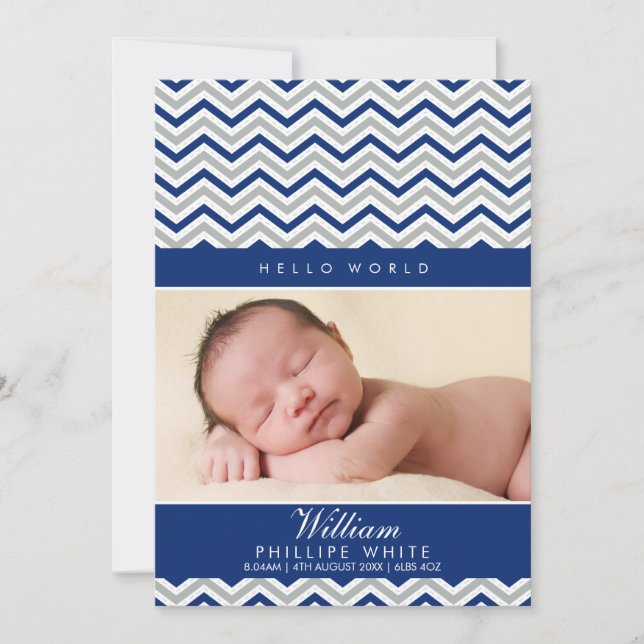 PHOTO BIRTH ANNOUNCEMENT sött chevron royal blue Meddelande (Framsida)