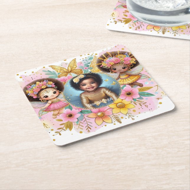 Photo Birthday Little Black Fairy African Rosa Underlägg Papper Kvadrat (Vinklad)