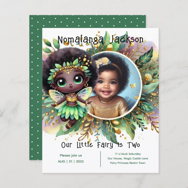Photo Birthday Little Black Fairy Grönt Guld (Fram/baksida)
