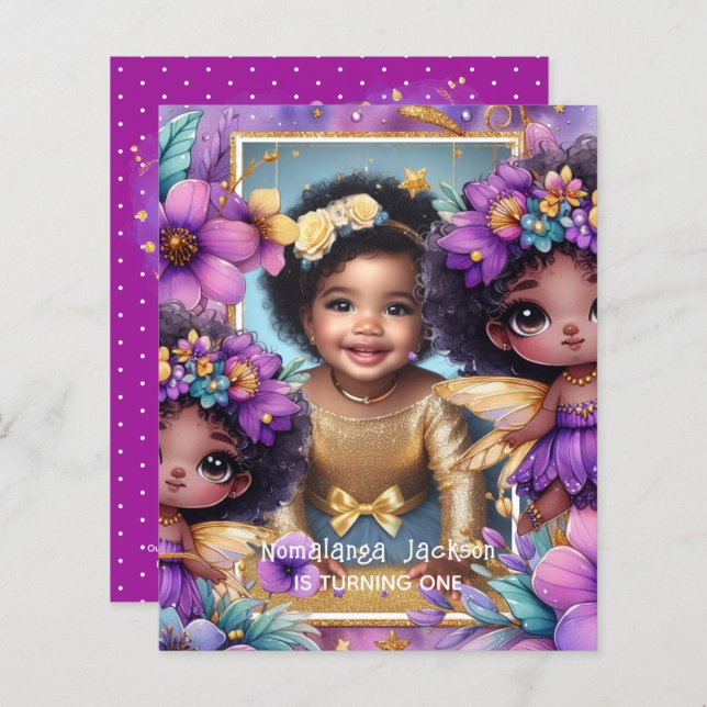 Photo Birthday Little Black Fairy Lila Guld (Fram/baksida)