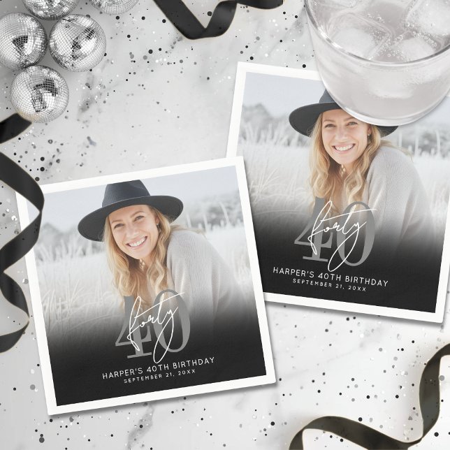 Photo Black 40th Birthday Party Pappersservett (Photo Black 40th Birthday Party Napkins)