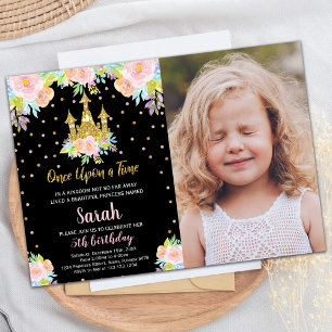 Photo Black Blommigt Glitter Princess Birthday Inbjudningar