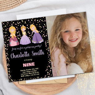 Photo Black Blommigt Princess Birthday Bjudning Inbjudningar