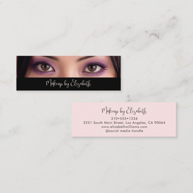 Photo Black Blush Pink Script Makeup Artist Modern Mini Visitkort (Fram/baksida)