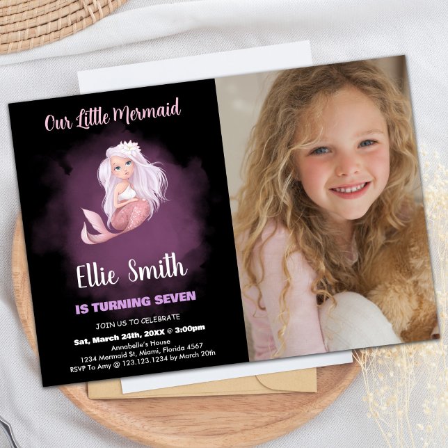 Photo Black Copper Svan Sjöjungfru Birthday Inbjudningar (Photo Black Copper Tail Mermaid Birthday Invitation)