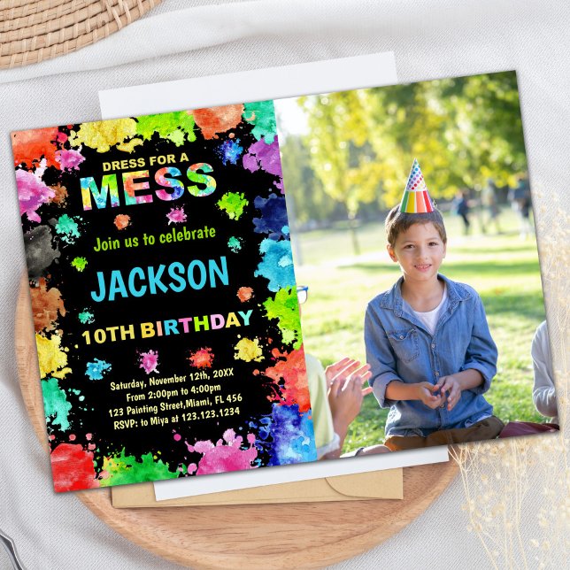 Photo Black DressForMess Paint Birthday Inbjudningar (Photo Black DressForMess Paint Birthday Invitation)