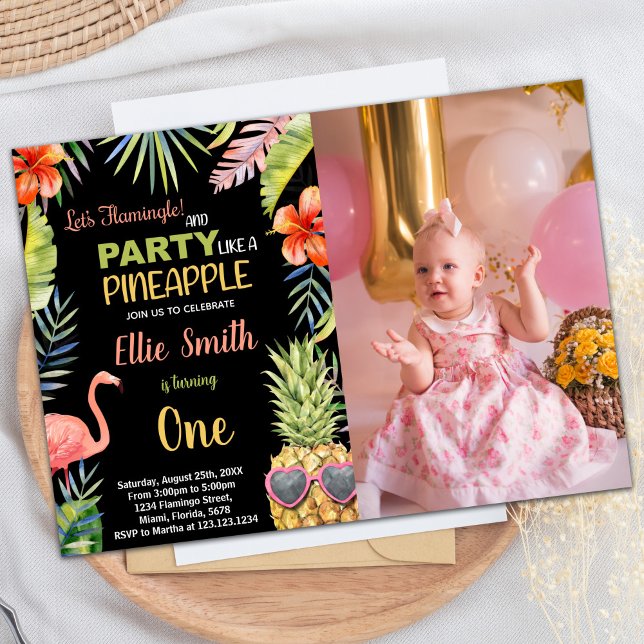 Photo Black Flamingo & Pineapple Birthday Inbjudningar (Photo Black Flamingo & Pineapple Birthday Invitation)