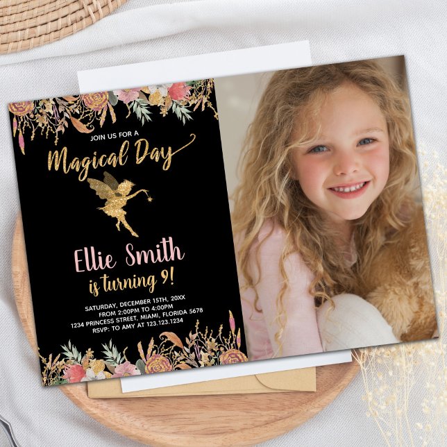 Photo Black Glitter Blommigt Fairy Birthday Inbjudningar (Photo Black Glitter Floral Fairy Birthday Invitation)