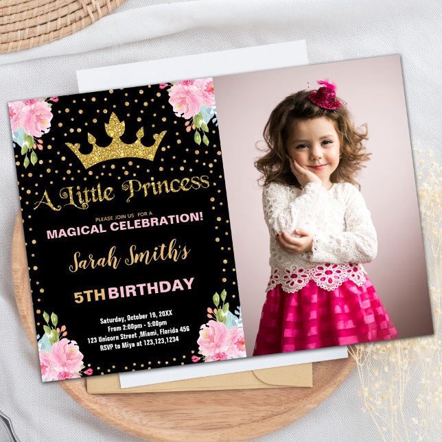 Photo Black Glitter Krona Princess Birthday Inbjudningar (Photo Black Glitter Crown Princess Birthday Invitation)