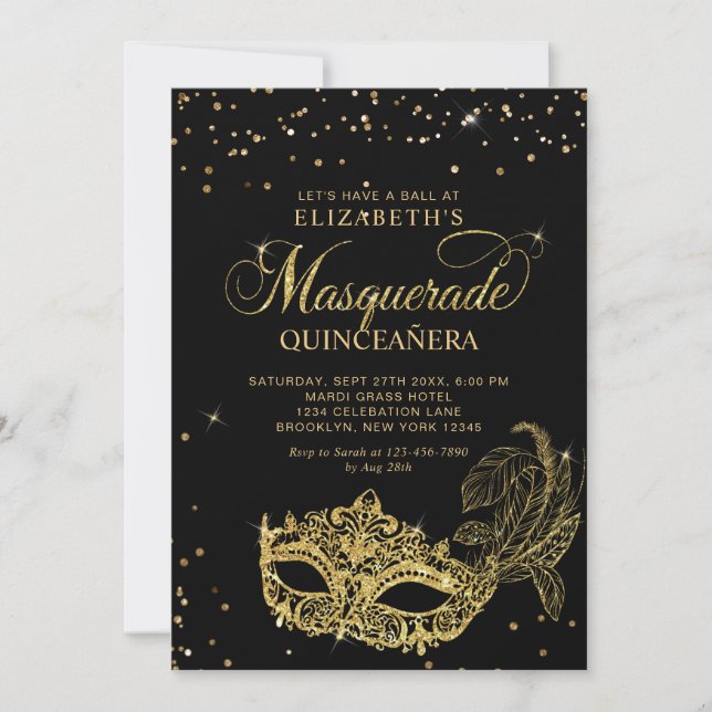 Photo Black Gold Glitter Masquerade Quinceañera Inbjudningar (Framsida)