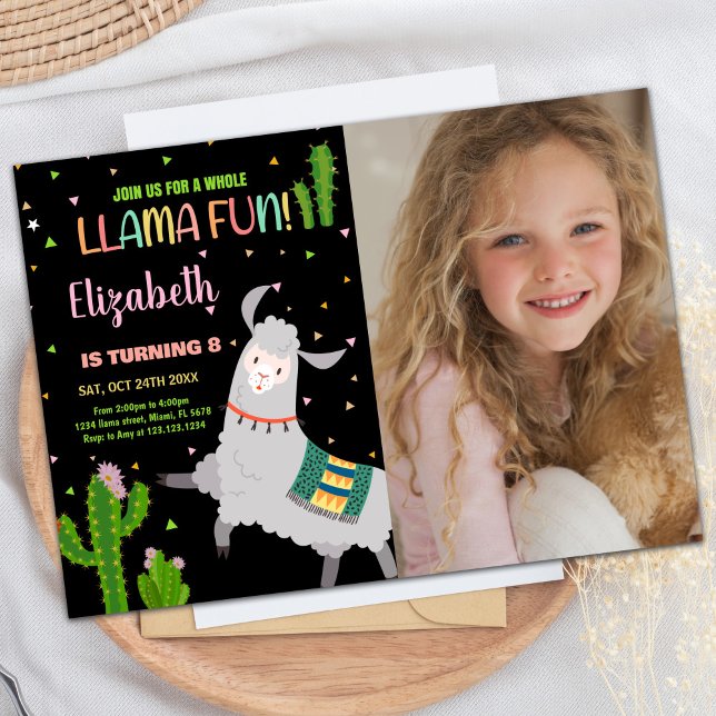 Photo Black Grått Llama Roligt Llama Birthday Inbjudningar (Photo Black Gray Llama Fun Llama Birthday Invitation)