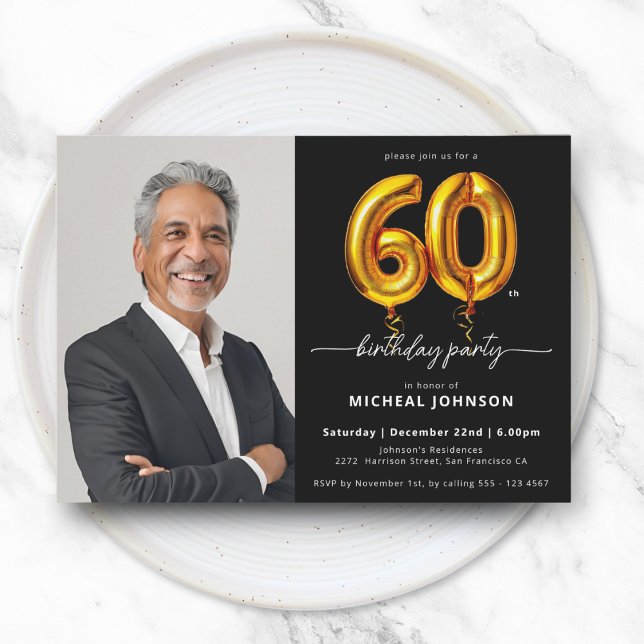 Photo Black Guld 60:e födelsedagen Inbjudningar (Photo Black Gold 60th Birthday Invitation)