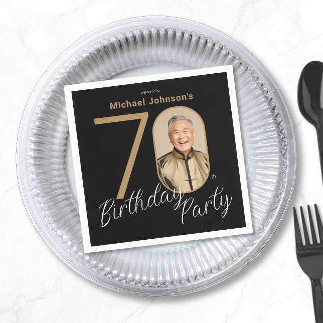 Photo Black Guld 70:e födelsedagen Pappersservett (Photo Black Gold 70th Birthday Napkins)