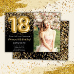 Photo Black Guld Kids Girl 18:e Födelsedagsfesten Inbjudningar<br><div class="desc">Fotosvart och guld 18:e födelsedagsfest inbjudan för en 18-årig flicka med elegant skript som skriver guld färgad-teckensnitt och roligt-folie-ballonger.</div>