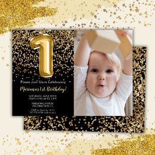 Photo Black Guld Kids Girl 1:a födelsedagen Party Inbjudningar