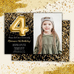 Photo Black Guld Kids Girl 4e födelsedagen Party Inbjudningar<br><div class="desc">Svart Elegant och guld 4e födelsedagen-inbjudan till en 4-årig flicka med elegant-skript som skriver guld teckensnittsdesign och fotnotsballonger för roligt.</div>