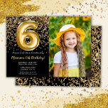 Photo Black Guld Kids Girl 6e Födelsedagsfest Inbjudningar<br><div class="desc">Photo Elegant black och guld 6e födelsedagsfest inbjudan för en 6-årig flicka med elegant skript som skriver guld typsnitt och roligt folie ballonger.</div>