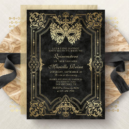 Photo Black Guld Masquerad Quinceanera Inbjudningar