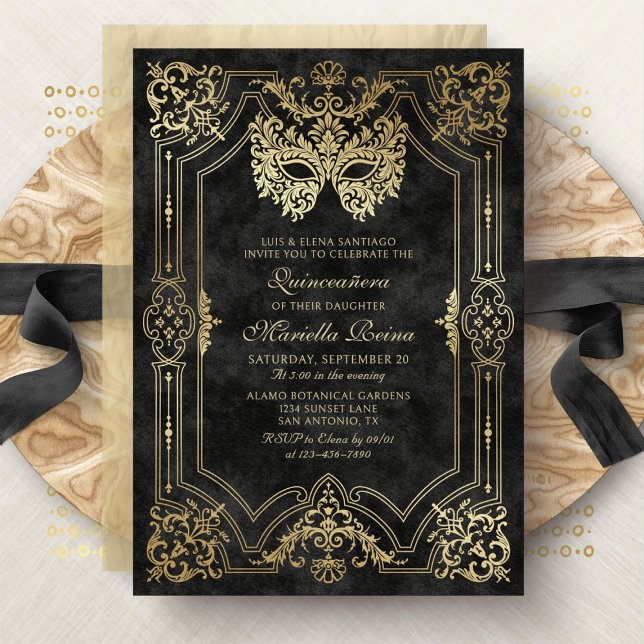 Photo Black Guld Masquerad Quinceanera Inbjudningar (Skapare uppladdad)