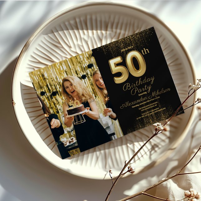 Photo Black Guld Typography 50 Birthday Inbjudningar (Skapare uppladdad)