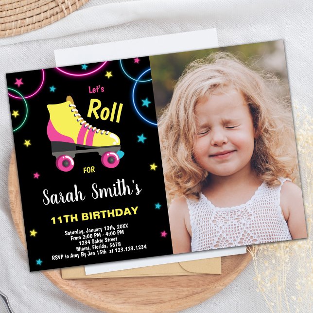 Photo Black Lila Rosa Roller-skribenter Inbjudningar (Photo Black Purple Pink Roller skating invitations)