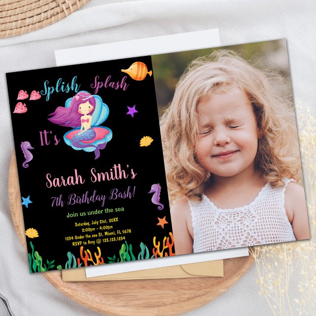 Photo Black Lila Snäcka Sjöjungfru Birthday Inbjudningar (Photo Black Purple Shell Mermaid Birthday Invitation)