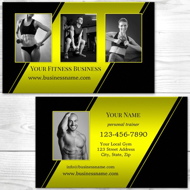 Photo Black Neon Gult Personal Trainer Fitness Visitkort (Custom photos neon yellow and black professional fitness personal trainer business card)