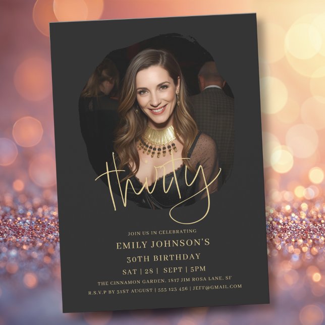Photo Black och Guld 30års födelsedag Inbjudningar (Photo Black and Gold Script 30th Birthday Invitation)