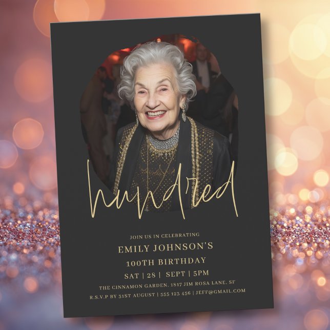 Photo Black och Guld Script 100:e födelsedagen Inbjudningar (Photo Black and Gold Script 100th Birthday Invitation)