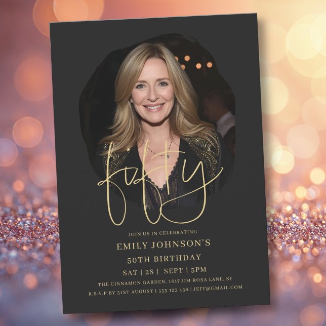 Photo Black och Guld Script 50:e födelsedagen Inbjudningar (Photo Black and Gold Script 50th Birthday Invitation)