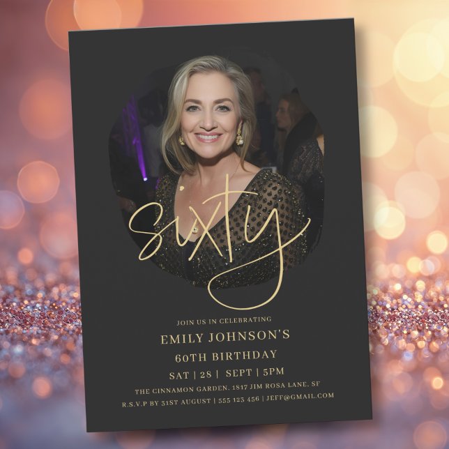 Photo Black och Guld Script 60:e födelsedagen Inbjudningar (Photo Black and Gold Script 60th Birthday Invitation)