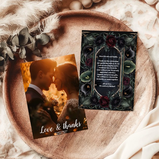 Photo Black Ro Blommigt Gothic Halloween Bröllop Tack Kort (Skapare uppladdad)