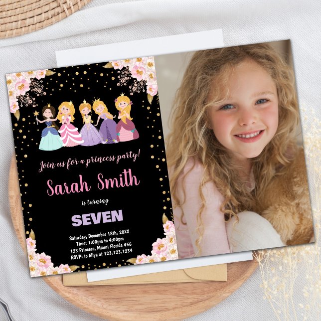Photo Black Rosa Blommigt Glitter Princess Inbjudningar (Photo Black Pink Floral Glitter Princess Invitation)
