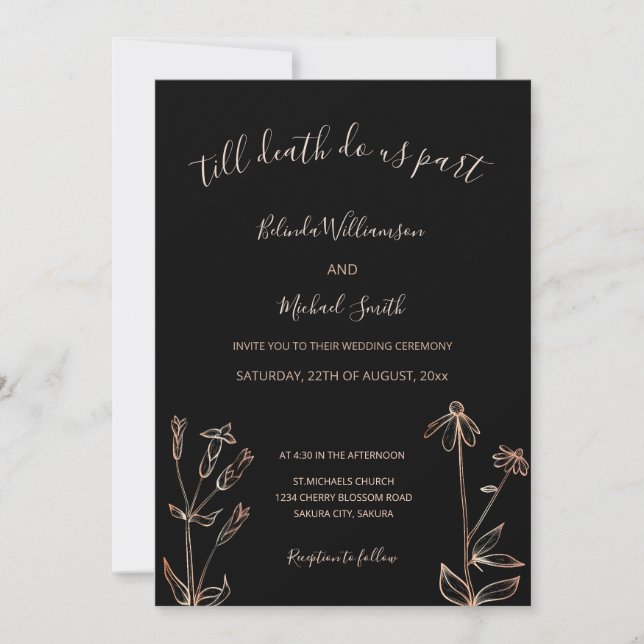 PHOTO | Black Rose Gold Wildflower | Goth Wedding  Inbjudningar (Framsida)