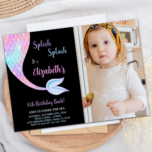 Photo Black Stänk Splish Sjöjungfru Birthday Inbjudningar (Photo Black Splash Splish Mermaid Birthday Invitation)
