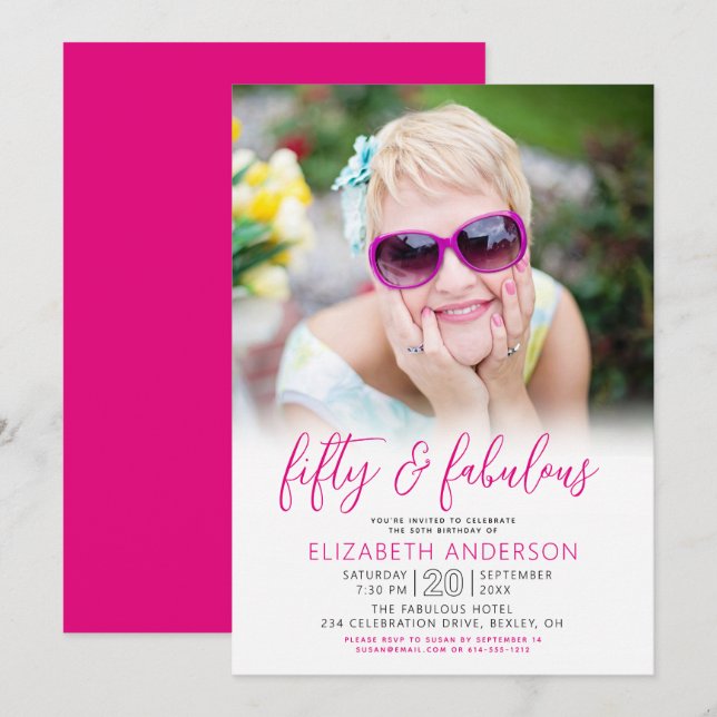Photo Black White Pink 50 Fabulous Birthday Modern Inbjudningar (Fram/baksida)