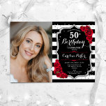 Photo Black White Rand Red Silver 50:e födelsedage<br><div class="desc">Femininininbjudan till elegantens blommigt på 50 år med ditt foto. Glam svartvit design med faux glitter silver. Innehåller svart och vitt rand, röd ros, skript och konetti. Perfekt för en snyggt vuxen under firande party. Anpassa med dina egna detaljer. Kan anpassas för vilken ålder som helst! Skrivna Zazzle-inbjudningar eller digital...</div>