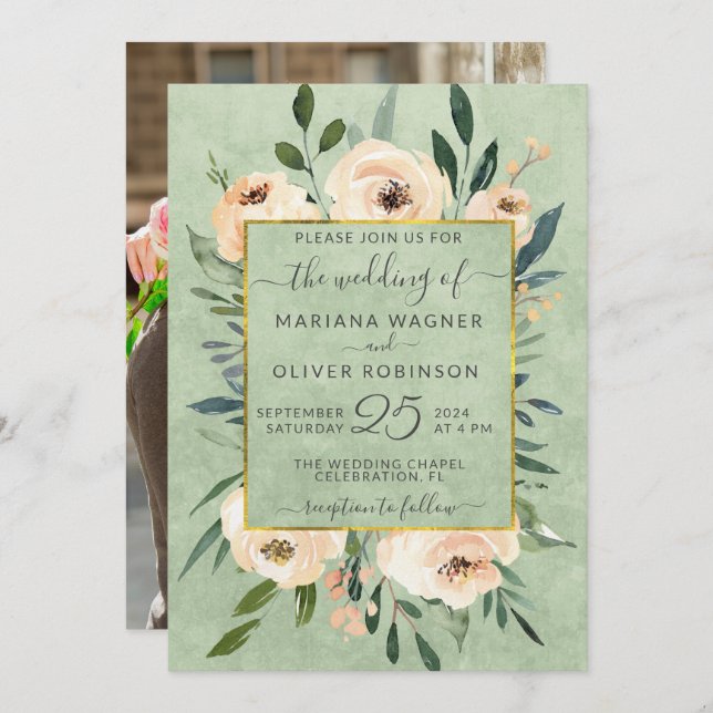 Photo Blommigt Beige  Ro Guld Sage Bröllop Inbjudningar (Fram/baksida)