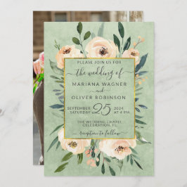 Photo Blommigt Beige Ro Guld Sage Bröllop Inbjudningar