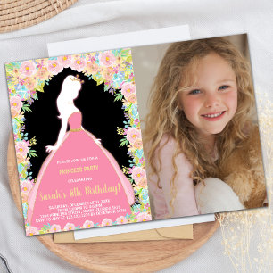 Photo Blommigt Glitter Black Rosa Princess Birthda Inbjudningar