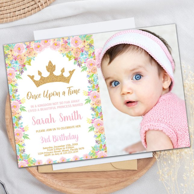 Photo Blommigt Glitter Krona Princess Birthday Inbjudningar (Photo Floral Glitter Crown Princess Birthday Invitation)